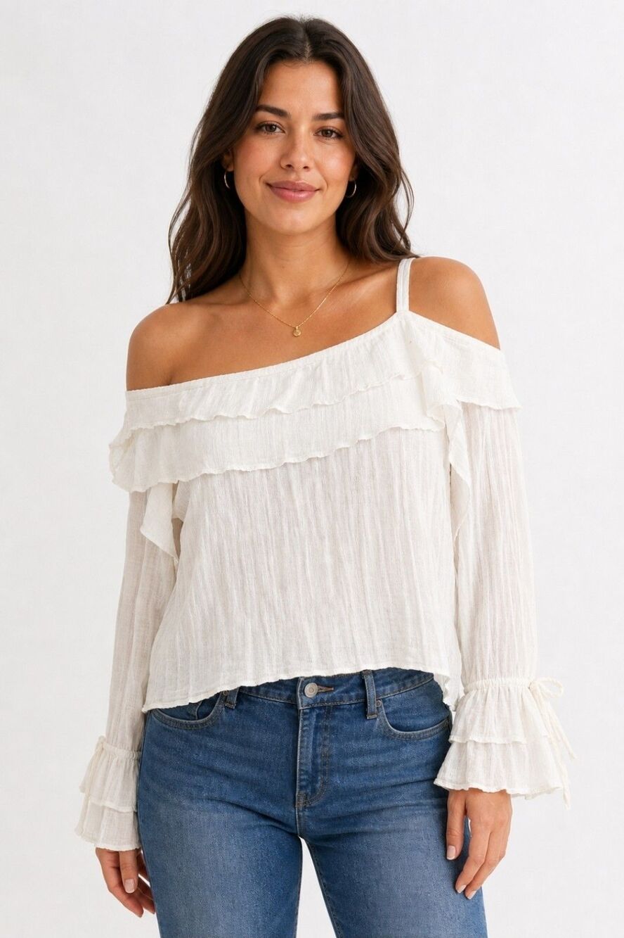 Le Caviar White Layered Romantic Sheer Off Shoulder Top Large Vintage